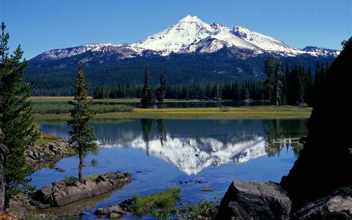 Снежная гора, озеро, деревья, камни обои,s изображение