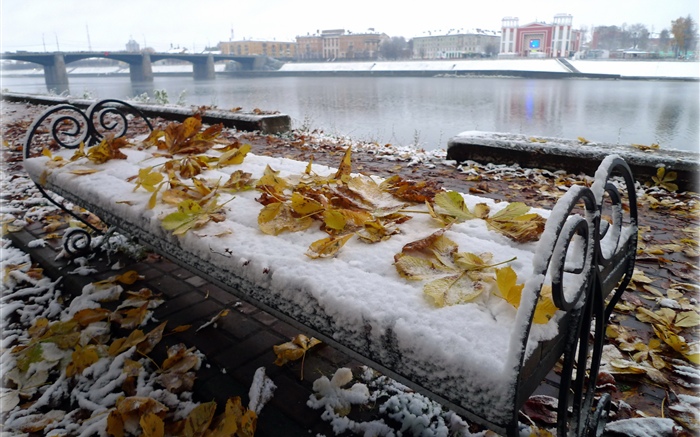 Зима, скамейка, река, снег обои,s изображение