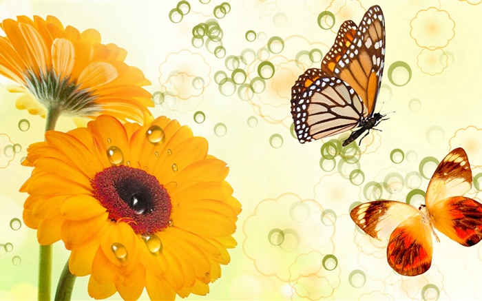 Желтые цветы и бабочки, креативный дизайн обои,s изображение