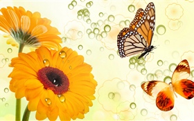 Желтые цветы и бабочки, креативный дизайн HD обои