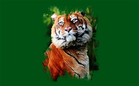 Художественная роспись, тигр, зеленый фон HD обои