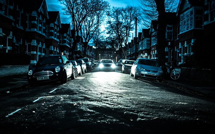 Город, ночь, автомобили, деревья, дома обои,s изображение