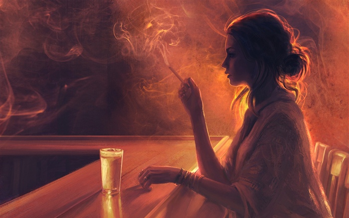 Девушка в баре, сигарета, дым обои,s изображение