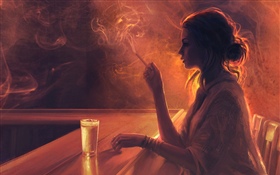 Девушка в баре, сигарета, дым HD обои