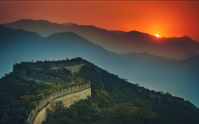 Великая стена, горы, закат, сумерки HD обои