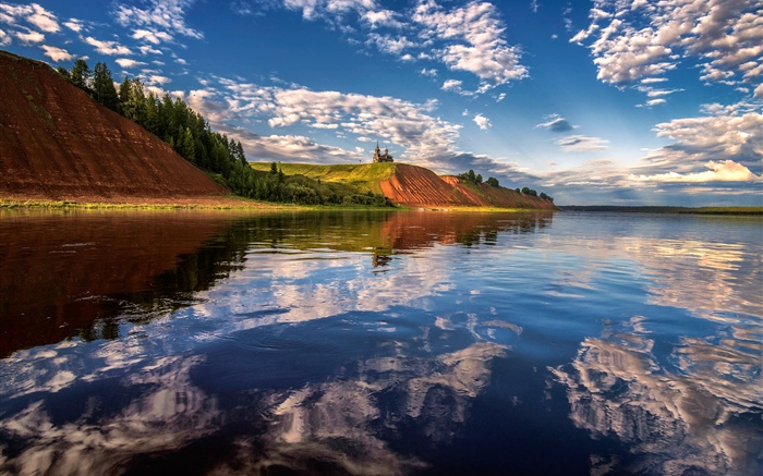 Река Мезень, Россия, замок, отражение воды, облака обои,s изображение