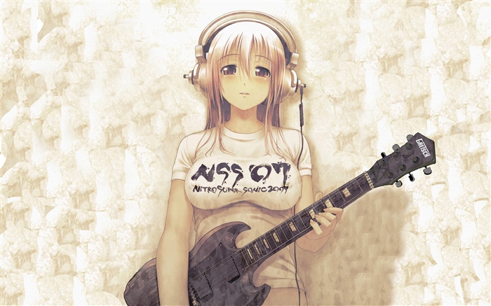 Аниме девушка, наушники, гитара обои,s изображение