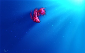 Художественная роспись, розовая рыбка, синее море