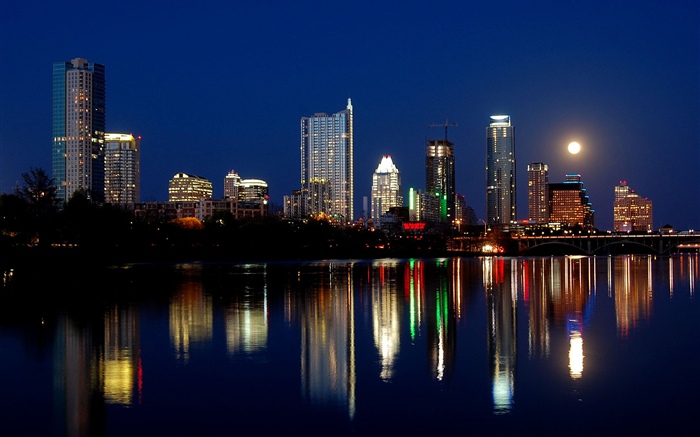 Остин, США, ночной город, небоскребы, огни, река, луна обои,s изображение