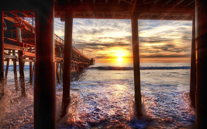 Пляж, море, Пирс, закат, Калифорния, США обои,s изображение