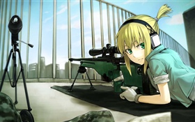 Блондинка аниме девушка, зеленые глаза, снайпер