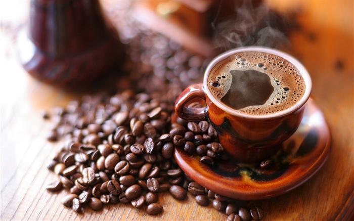 Кофе в зернах, чашка, пена, пар обои,s изображение