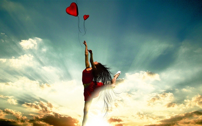 Танцующая девушка, красная юбка, любовное сердце, облака, солнечные лучи обои,s изображение