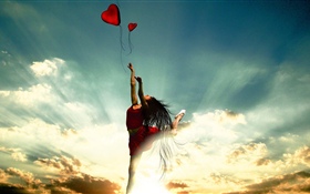 Танцующая девушка, красная юбка, любовное сердце, облака, солнечные лучи
