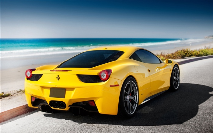 Ferrari желтая машина, море, пляж обои,s изображение