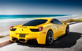 Ferrari желтая машина, море, пляж HD обои