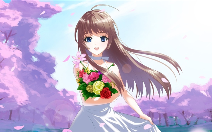 Счастливый аниме девушка, цветы, Ветер обои,s изображение