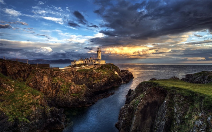 Ирландия, Маяк, море, скалы, закат обои,s изображение