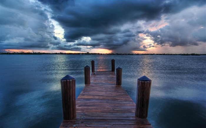 Пирс, море, облака, сумерки обои,s изображение