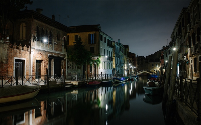 Венеция, Италия, река, дома, мост, ночь обои,s изображение