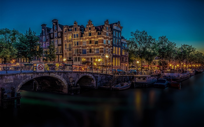 Амстердам, Нидерланды, мост, река, свет, ночь обои,s изображение