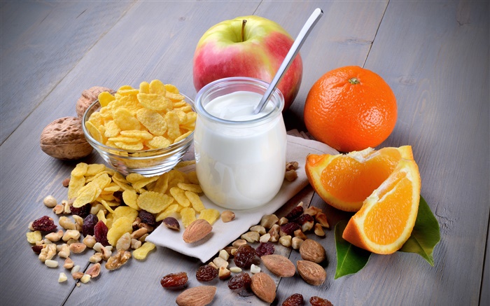 Завтрак, молоко, яблоко, апельсин, орехи обои,s изображение