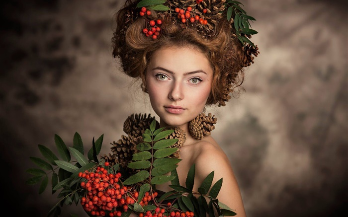 Девушка, прическа, красные ягоды обои,s изображение