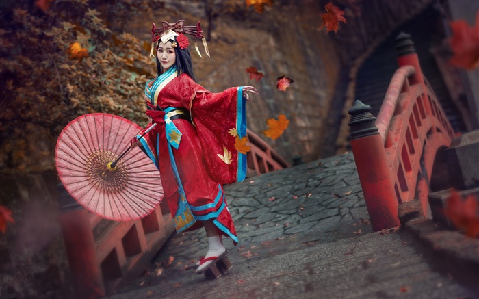 Красное платье японская девушка, кимоно, поза обои,s изображение