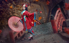 Красное платье японская девушка, кимоно, поза HD обои