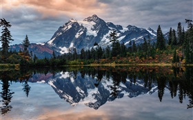 США, гора Шуксан, озеро, деревья, водяное отражение HD обои