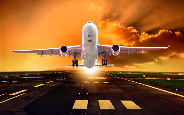 Самолет, взлет, крылья, вид спереди, облака, восход обои,s изображение