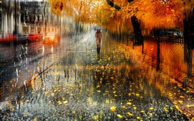 Осень, город, дождь, деревья, девушка, дорога, машины HD обои