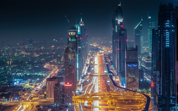 Дубай, небоскребы, дороги, огни, ночь обои,s изображение