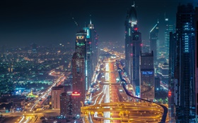 Дубай, небоскребы, дороги, огни, ночь HD обои