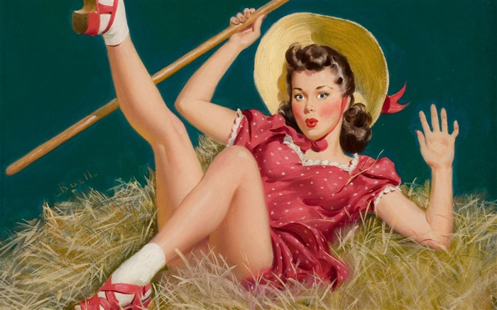 Девушка, шляпа, сено, картина маслом обои,s изображение