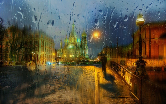 Санкт-Петербург, стекло, капли воды, дождь, ночь, город обои,s изображение